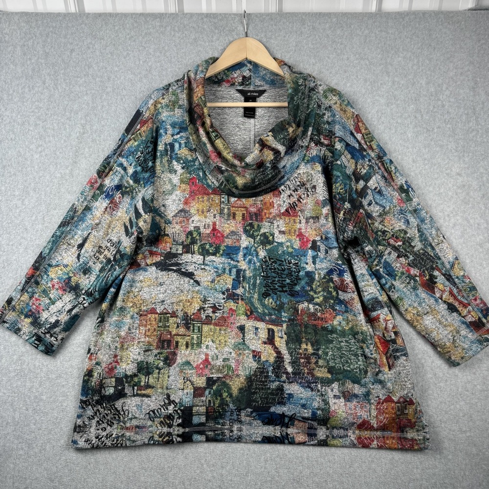 Ali Miles Tunic Women 2X Multi Color Scenic Village Script Cowl Neck Artsy Boho
